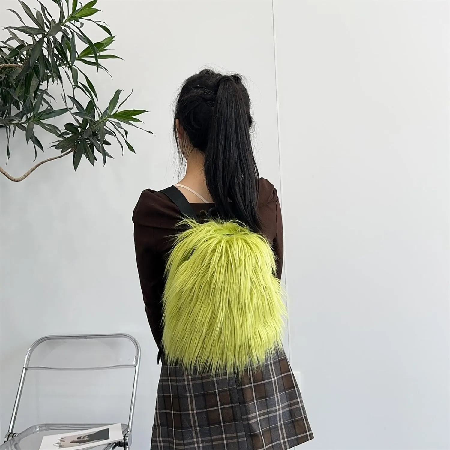 Small Mini Faux Fur Backpack for Women - Trendy Plush Day Pack - Cute Furry Backpack - Y2K Shoulder Purse (Lime-green)