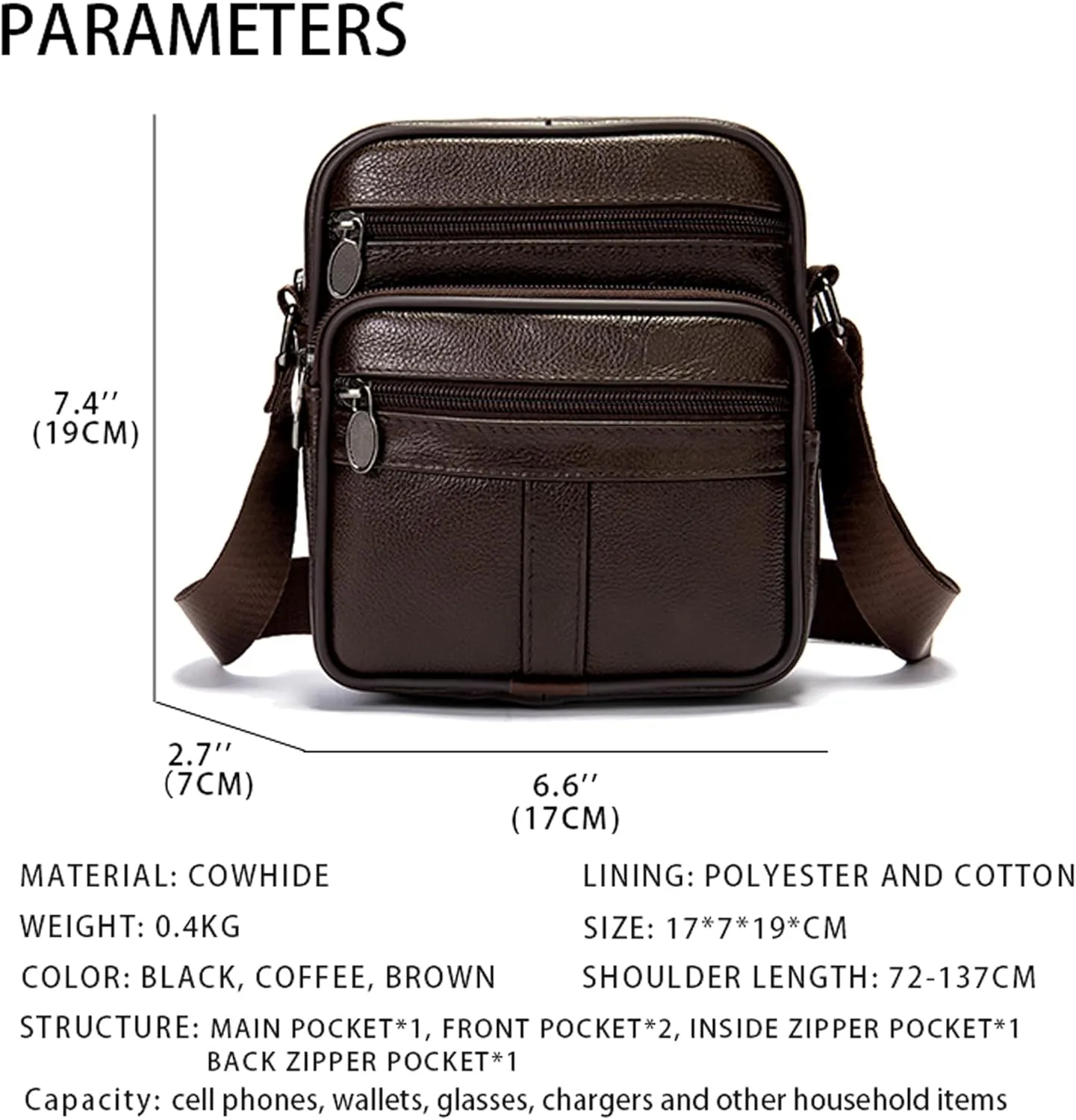 Small Shoulder Bag Leather for Men Crossbody Phone Bag Waterproof Messenger Bag Zipper Cross Body Sling Holster Handbag