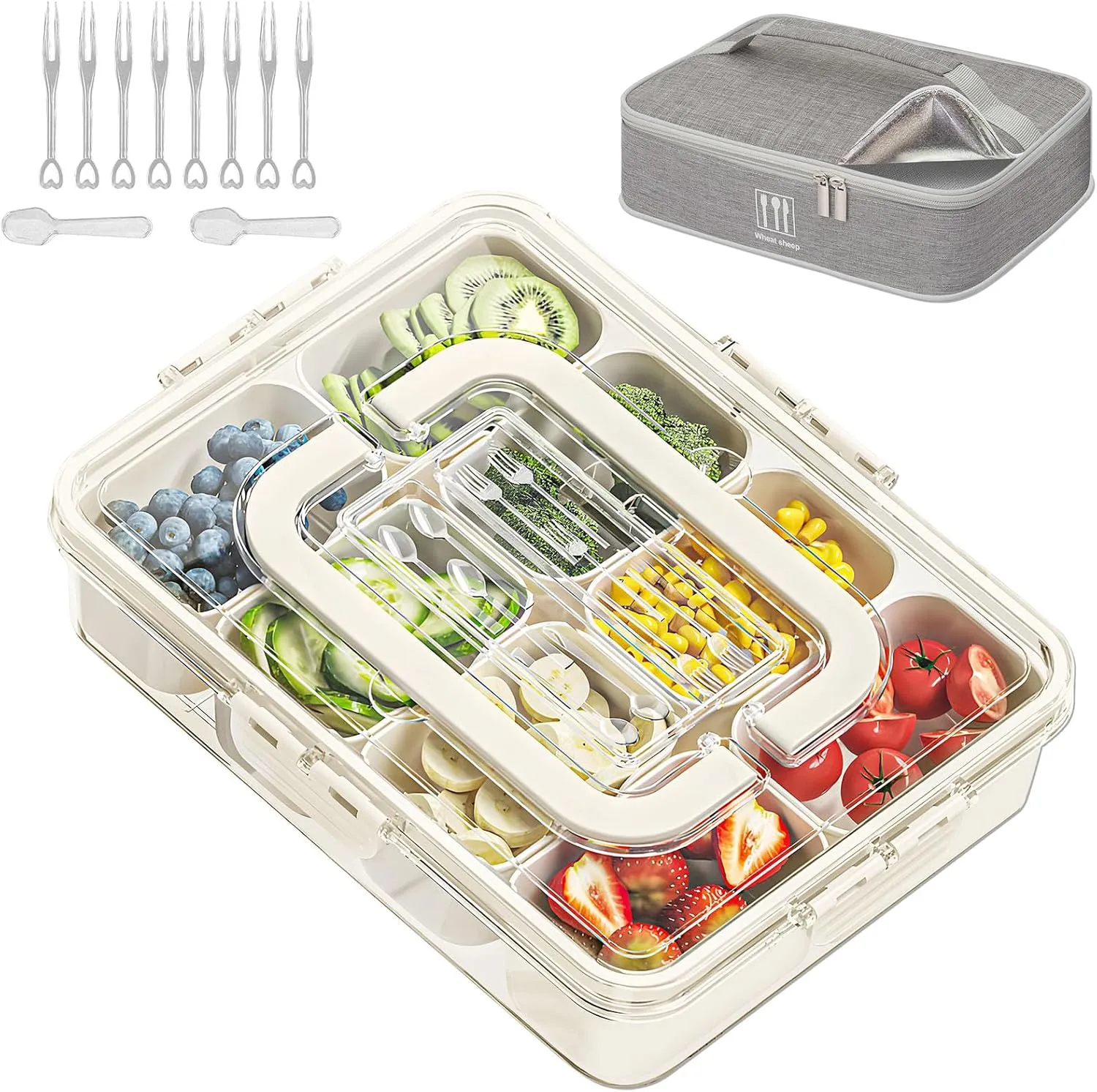 Snack Box Container with Insulated Cooler Bag, Divided Serving Tray with Lid and Handle Beach Essentials, Snackle Box Veggie Fruit Tray with 8 Compartments & 8 Forks & 2 Spoon