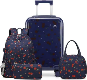 Somago 4 Piece Kid's Luggage with Backpack Set for Boys Girls Spinner 18" Hardside PC Rolling Carry on Suitcase with TSA Lock (Cherry Navy)