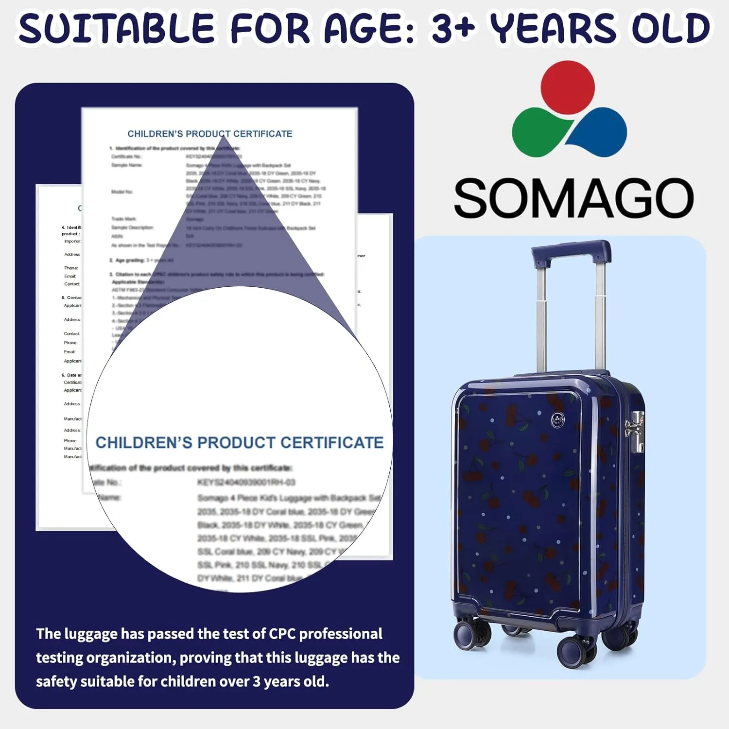 Somago 4 Piece Kid's Luggage with Backpack Set for Boys Girls Spinner 18" Hardside PC Rolling Carry on Suitcase with TSA Lock (Cherry Navy)