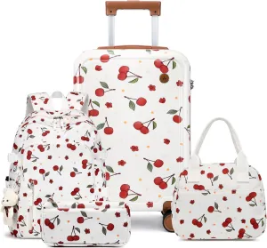 Somago 4 Piece Kid's Luggage with Backpack Set for Boys Girls Spinner 18" Hardside PC Rolling Carry on Suitcase with TSA Lock, Cherry White