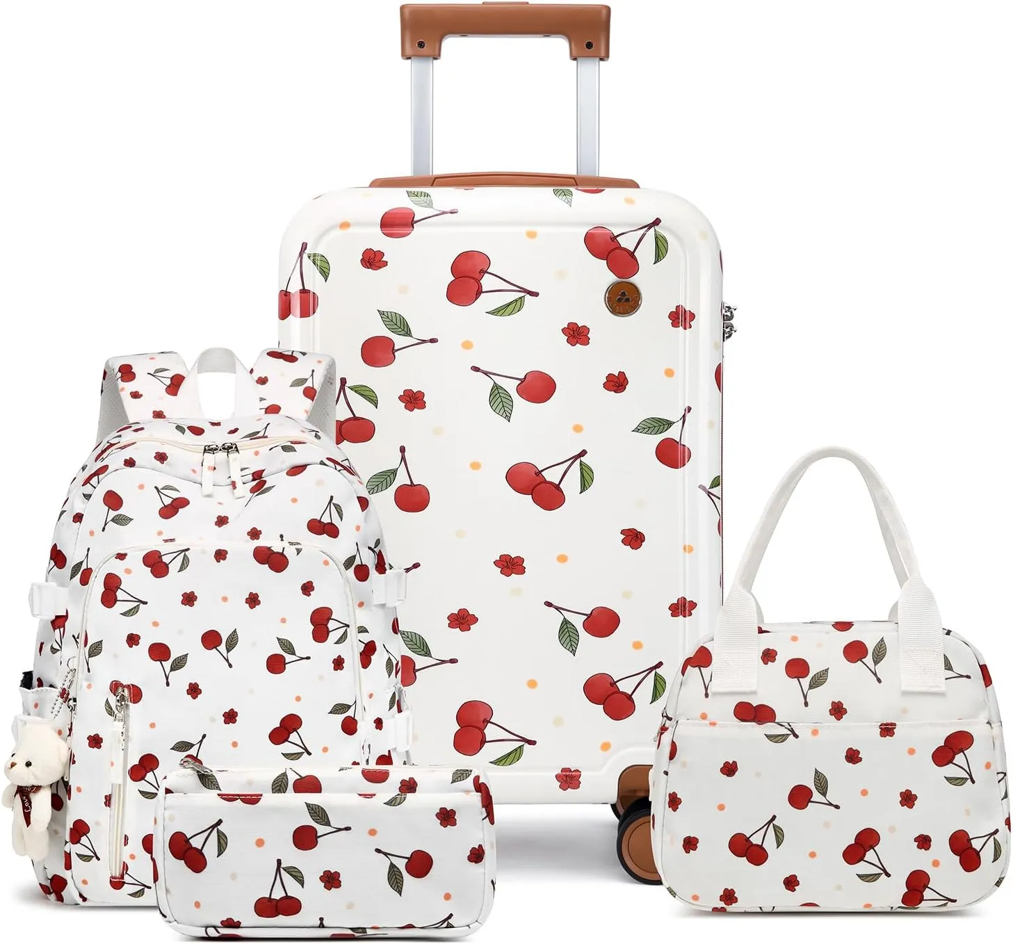 Somago 4 Piece Kid's Luggage with Backpack Set for Boys Girls Spinner 18" Hardside PC Rolling Carry on Suitcase with TSA Lock, Cherry White