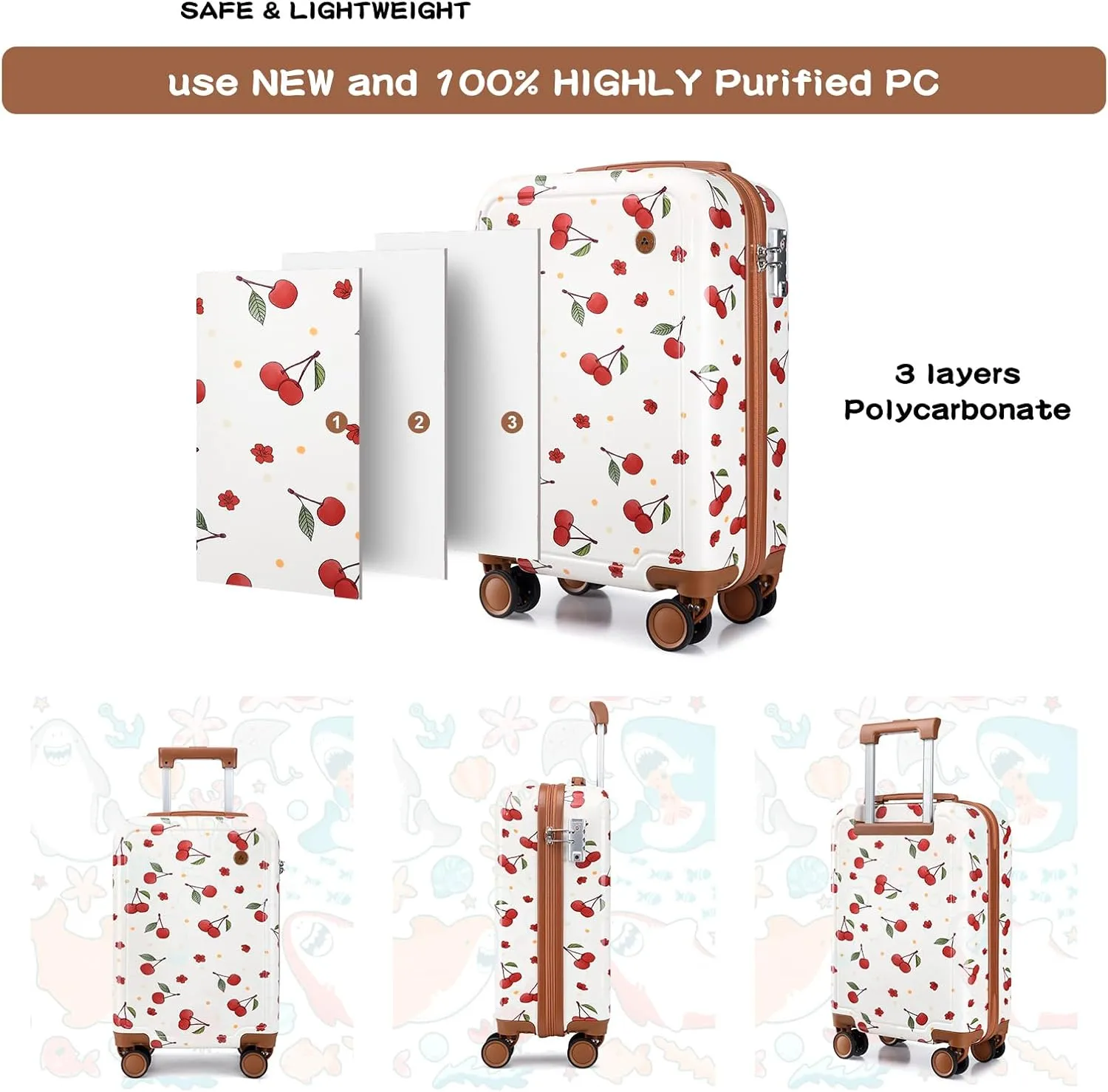 Somago 4 Piece Kid's Luggage with Backpack Set for Boys Girls Spinner 18" Hardside PC Rolling Carry on Suitcase with TSA Lock, Cherry White