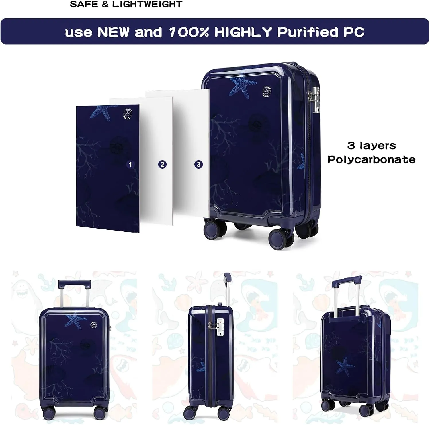 Somago 4 Piece Kid's Luggage with Backpack Set for Boys Girls Spinner 18" Hardside PC Rolling Carry on Suitcase with TSA Lock Seashell Pattern (Navy Blue)
