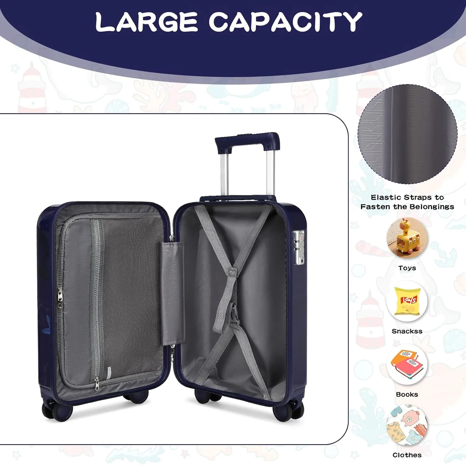 Somago 4 Piece Kid's Luggage with Backpack Set for Boys Girls Spinner 18" Hardside PC Rolling Carry on Suitcase with TSA Lock Seashell Pattern (Navy Blue)