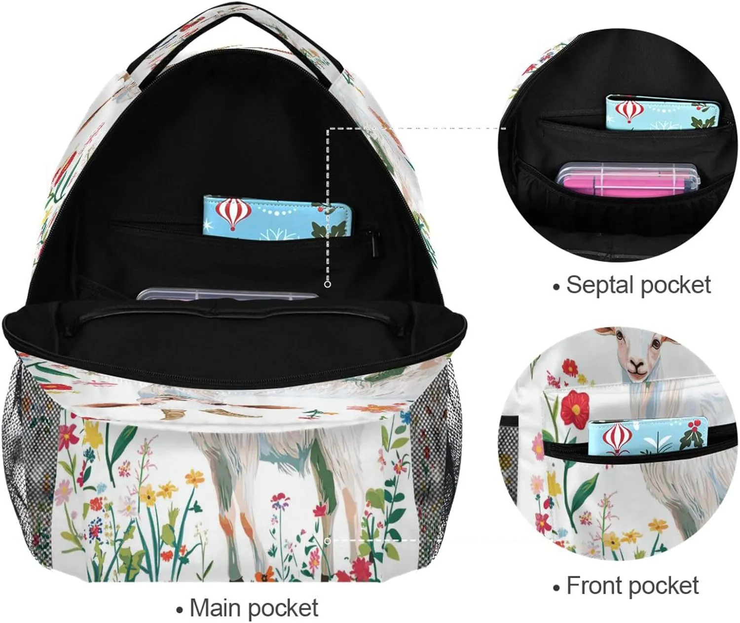 Sport Backpack for Unisex Adult Waterproof School Bag with Chest Strap for Business Work College Travel Trip Cartoon Goat White