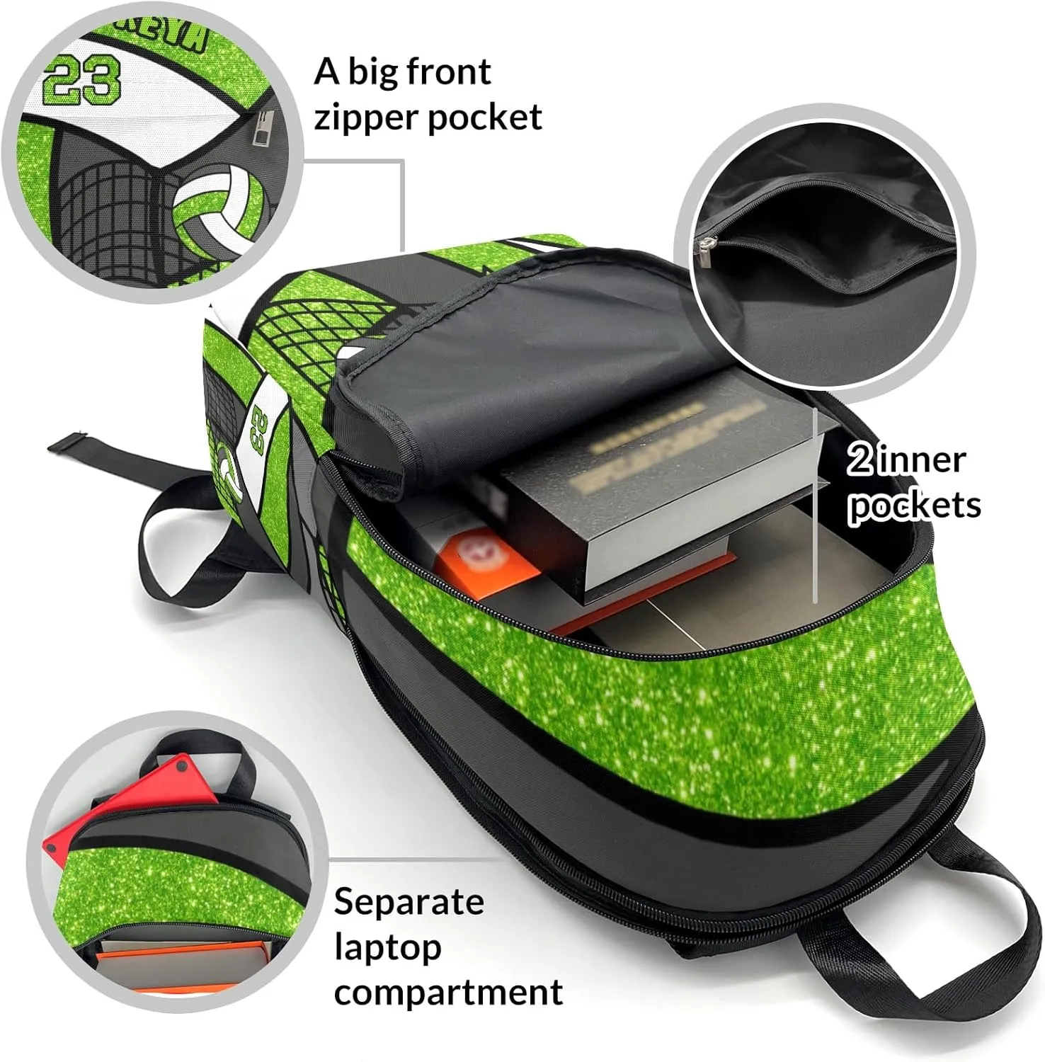 Sport Volleyball Glitter Grass Personalized Backpack for Teen Custom Travel Backpack for Boys Girs Bookbag Casual Bag Name Gift, Design 11, EU5566SS