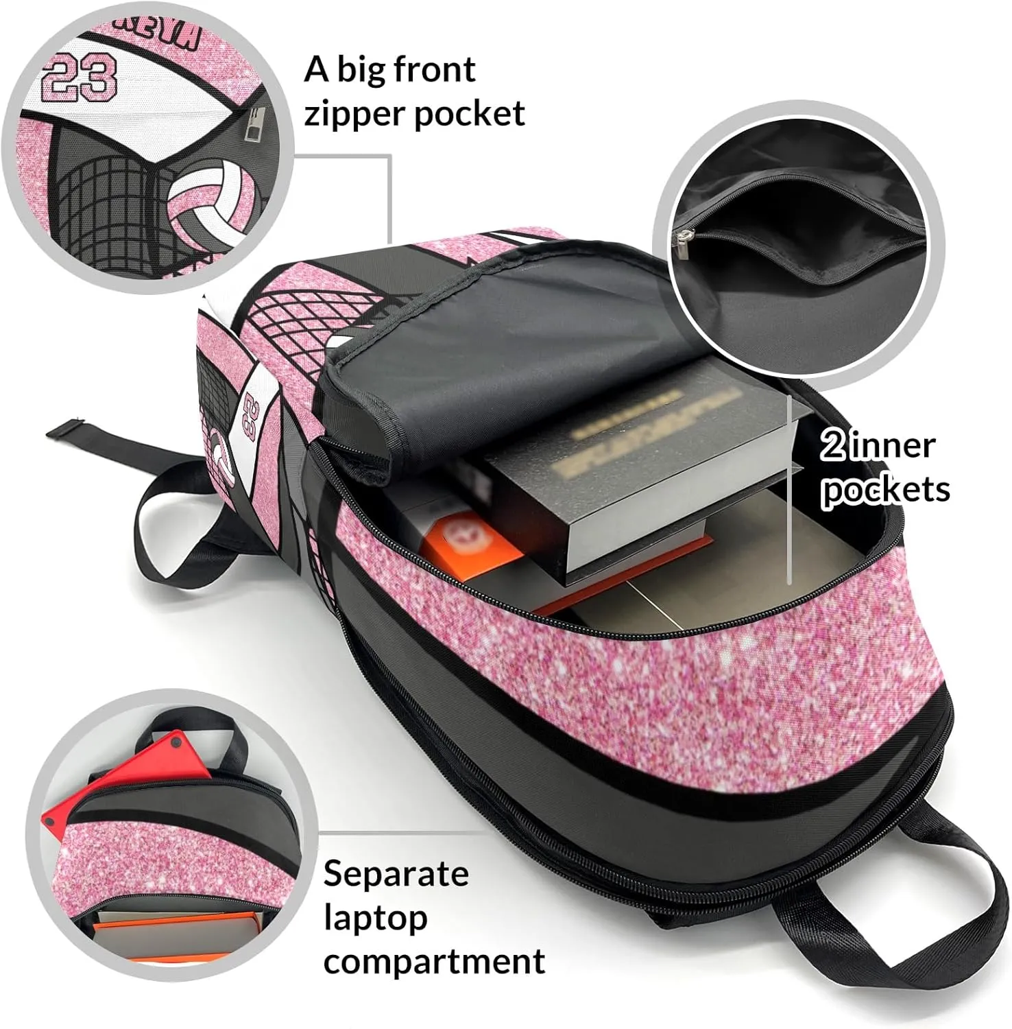 Sport Volleyball Glitter Pink Personalized Backpack for Teen Custom Travel Backpack for Boys Girs Bookbag Casual Bag Name Gift, Design 13, EU5566SS