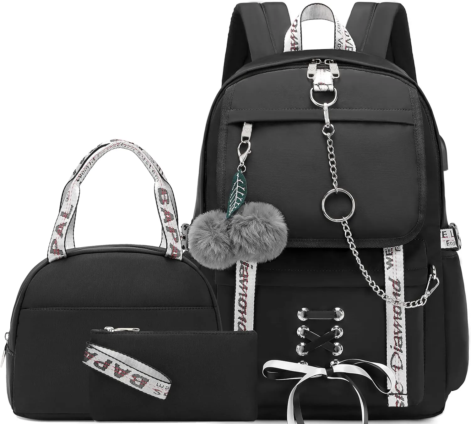 Spotted Tiger School Backpack for Girls with Lunch Box Aesthetic Backpack for Teen Girl Bookbag (Black)