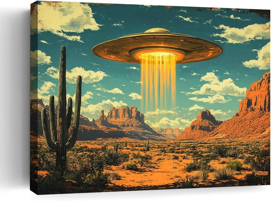 ssangugu Vintage UFO Desert Landscape Canvas Poster Retro Alien Southwest Art Print,Retro Sci Fi Alien Spaceship Desert Canyon Wall Art-Frame-12x18inch(30x45cm)