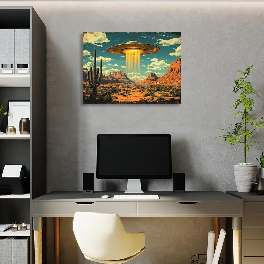 ssangugu Vintage UFO Desert Landscape Canvas Poster Retro Alien Southwest Art Print,Retro Sci Fi Alien Spaceship Desert Canyon Wall Art-Frame-12x18inch(30x45cm)