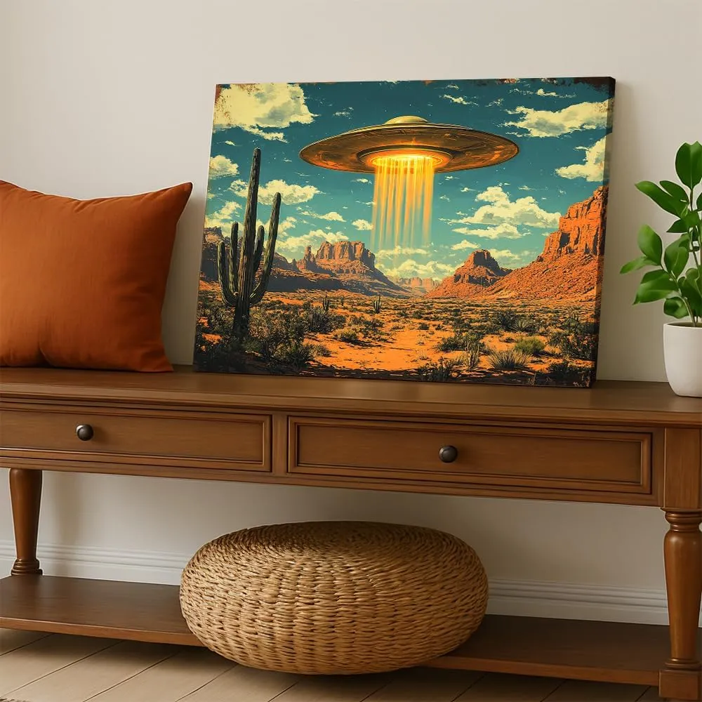 ssangugu Vintage UFO Desert Landscape Canvas Poster Retro Alien Southwest Art Print,Retro Sci Fi Alien Spaceship Desert Canyon Wall Art-Frame-12x18inch(30x45cm)