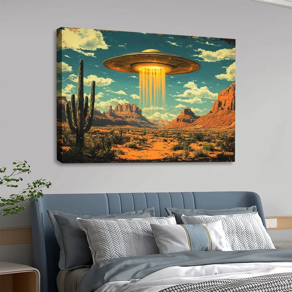 ssangugu Vintage UFO Desert Landscape Canvas Poster Retro Alien Southwest Art Print,Retro Sci Fi Alien Spaceship Desert Canyon Wall Art-Frame-12x18inch(30x45cm)