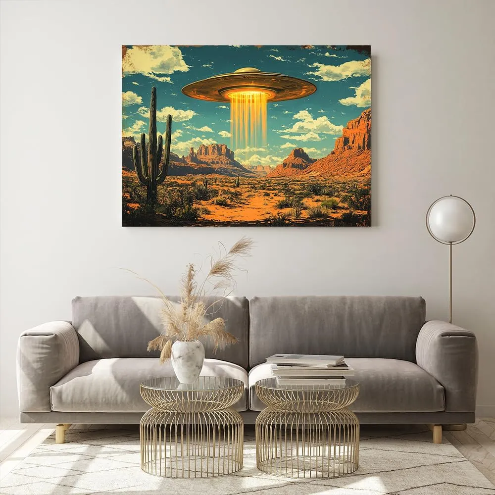 ssangugu Vintage UFO Desert Landscape Canvas Poster Retro Alien Southwest Art Print,Retro Sci Fi Alien Spaceship Desert Canyon Wall Art-Frame-12x18inch(30x45cm)
