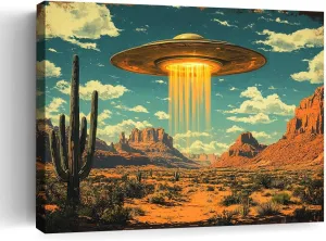 ssangugu Vintage UFO Desert Landscape Canvas Poster Retro Alien Southwest Art Print,Retro Sci Fi Alien Spaceship Desert Canyon Wall Art-Frame-12x18inch(30x45cm)