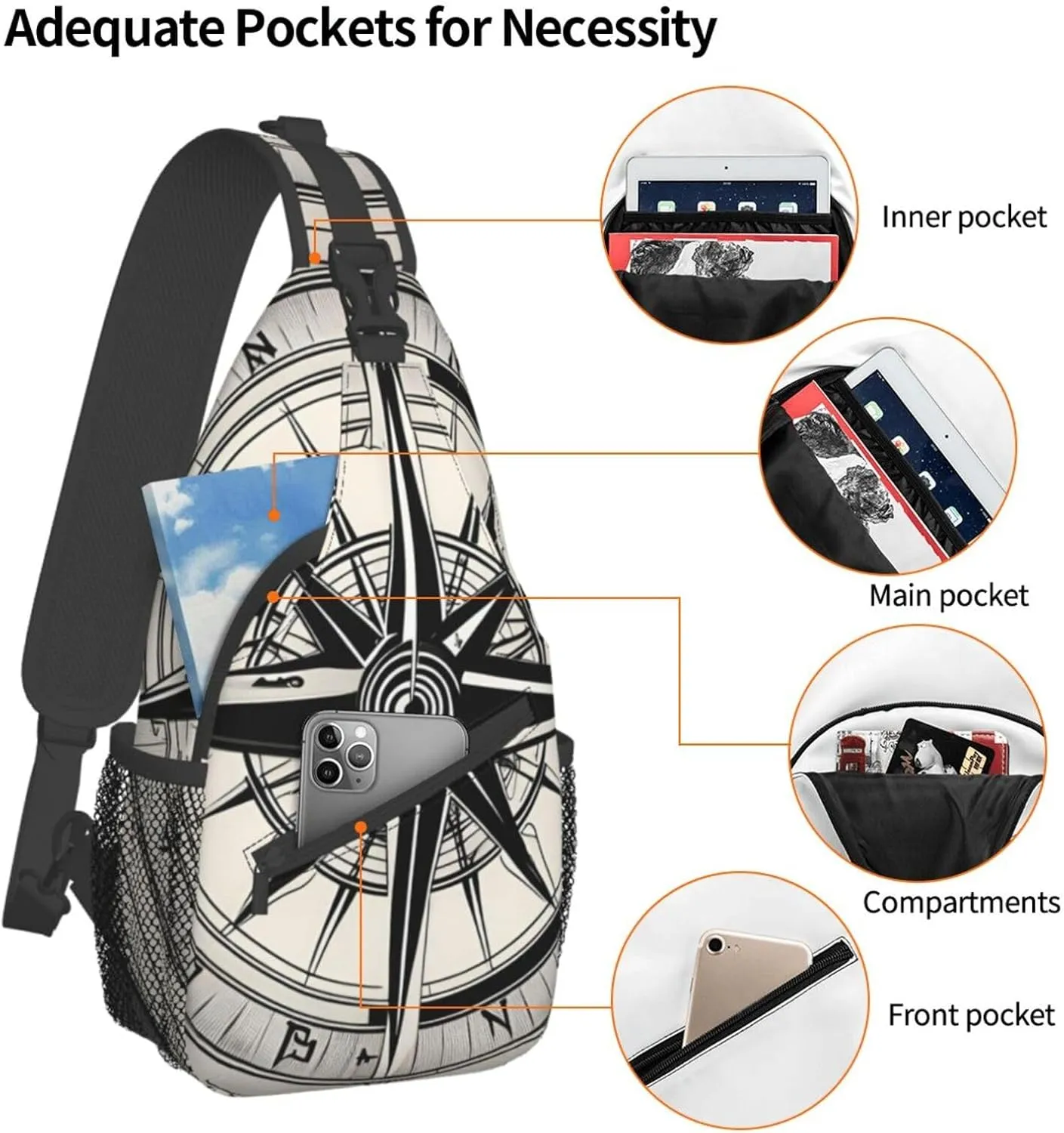 SSIMOO Law Of The Compass Navigation 1 Versatile Travel Hiking Backpack-Perfect For Outdoor Cycling,Chest Shoulder Bag