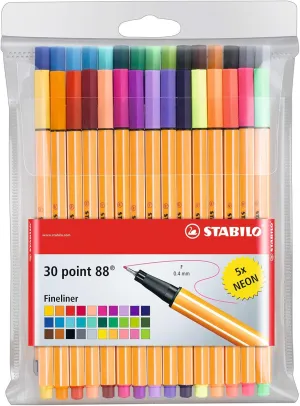 STABILO Fineliner point 88 - Wallet of 30 - Assorted colors with 5 neon colors