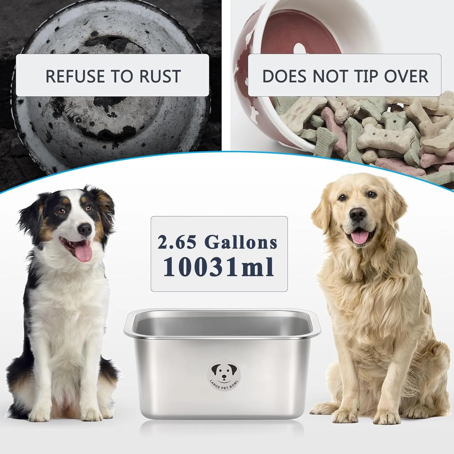 Stainless Steel Dog Bowls for Large Dogs, High Capacity Metal Dog Food Bowls, Food and Water Bowl for Large, X-Large, and Big Dogs 2.65 Gallons