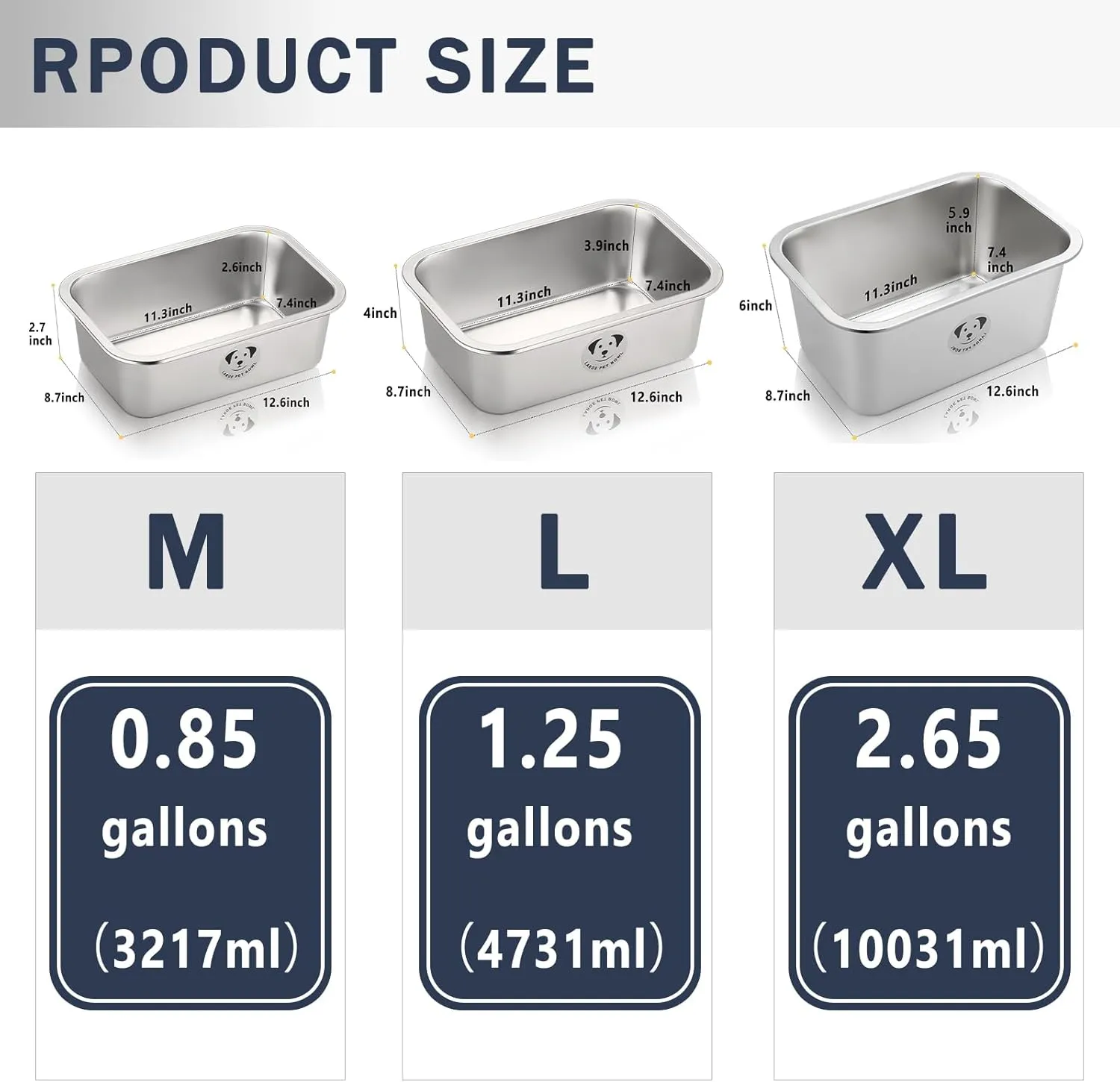 Stainless Steel Dog Bowls for Large Dogs, High Capacity Metal Dog Food Bowls, Food and Water Bowl for Large, X-Large, and Big Dogs 2.65 Gallons