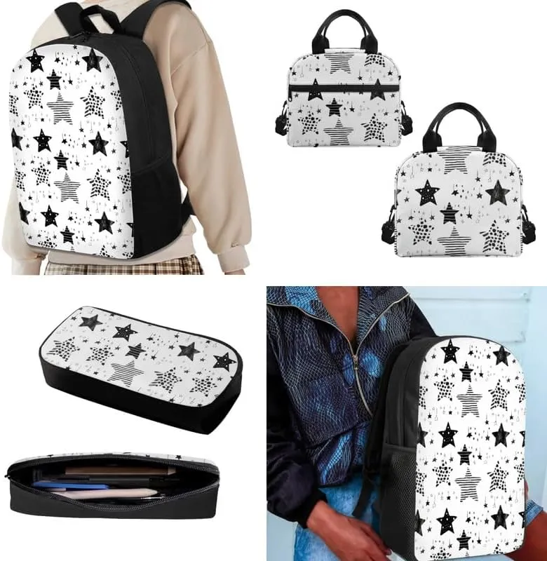 Star Sketch Hand Drawing Child Backpack Lunch Box Pencil Case Starry Night Art Painting 3 Pcs School Girl Backpack Set Durable Lightweight Bookbag