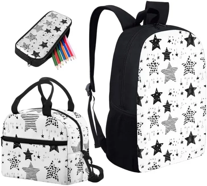 Star Sketch Hand Drawing Child Backpack Lunch Box Pencil Case Starry Night Art Painting 3 Pcs School Girl Backpack Set Durable Lightweight Bookbag