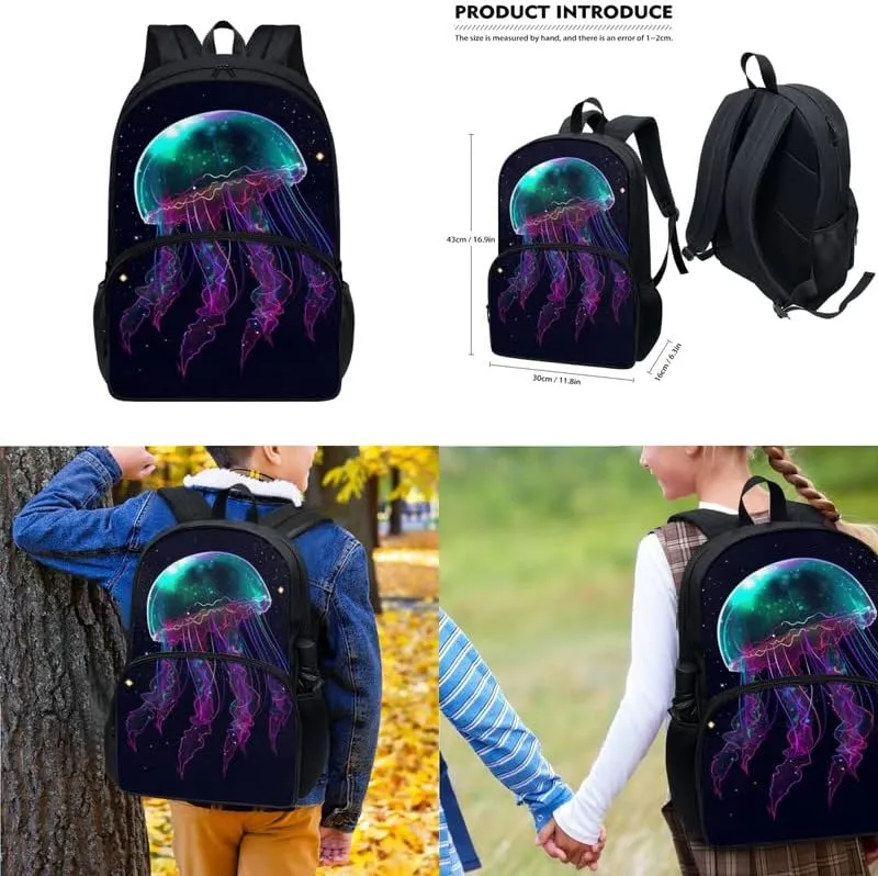 Starry Night Jellyfish 3 IN 1 SchoolBag Teenager Boys Girls Elementary School 12" Laptop Daypack Galaxy Handdrawn Aesthetics Lunch Bag Pencil Case Knapsack Bookbags