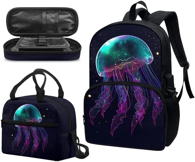 Starry Night Jellyfish 3 IN 1 SchoolBag Teenager Boys Girls Elementary School 12" Laptop Daypack Galaxy Handdrawn Aesthetics Lunch Bag Pencil Case Knapsack Bookbags