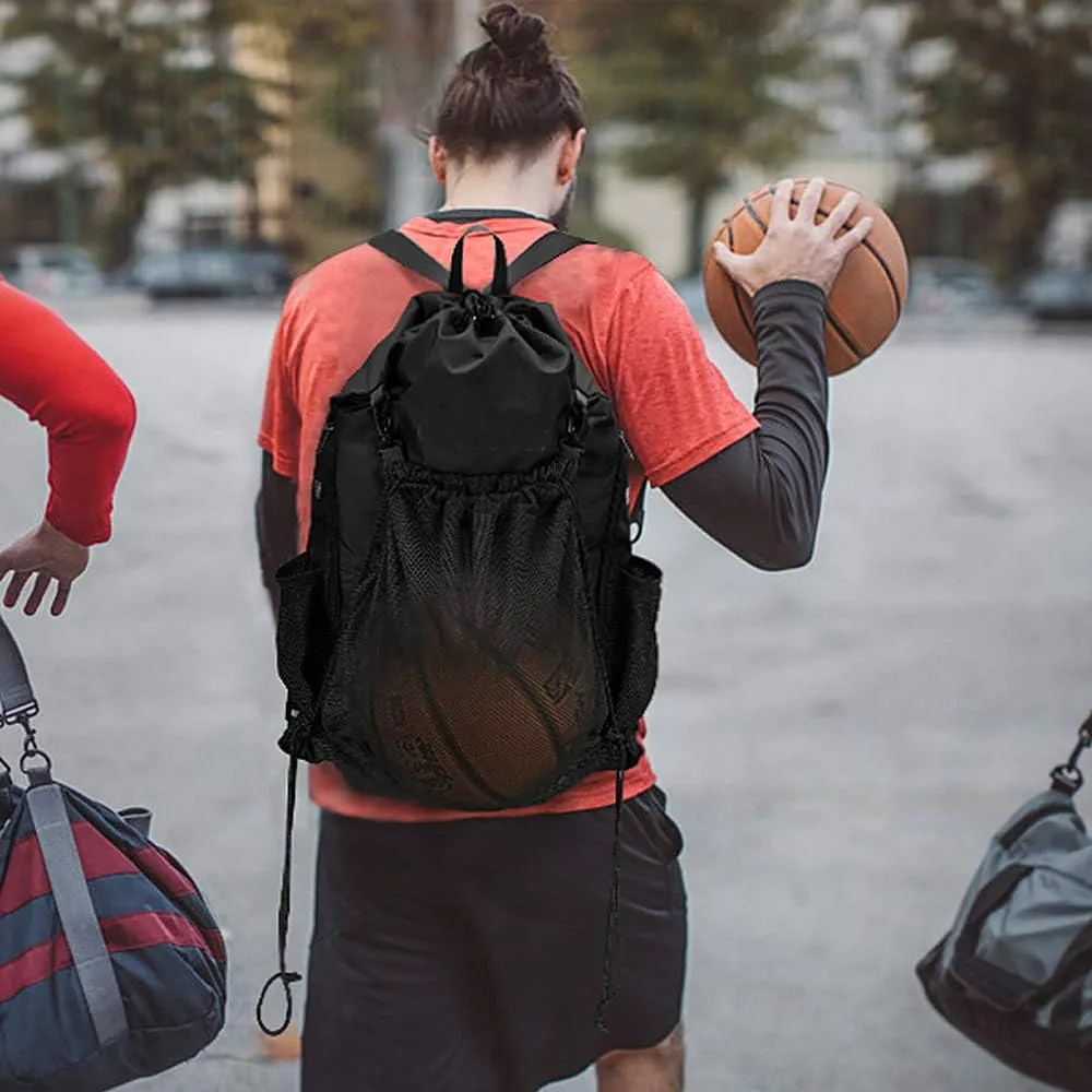 STAY GENT Drawstring Basketball Backpack for Boys, Foldable Soccer Backpack Gym Bag Sackpack Sports Sack with Detachable Ball Mesh Bag for Volleyball Baseball Yoga