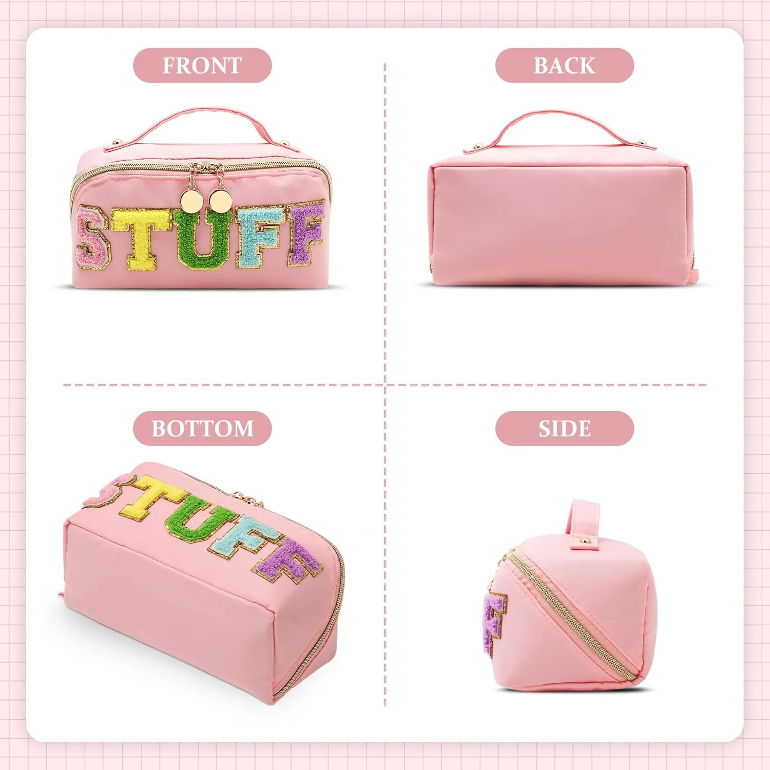 Stoney Clover Dupes Makeup Bag, Large Capacity Travel Cosmetic Bag, Chenille Letter Open Flat Nylon Stuff Makeup Bag, Preppy Patch Better Belt Everything Makeup Bag, Pink