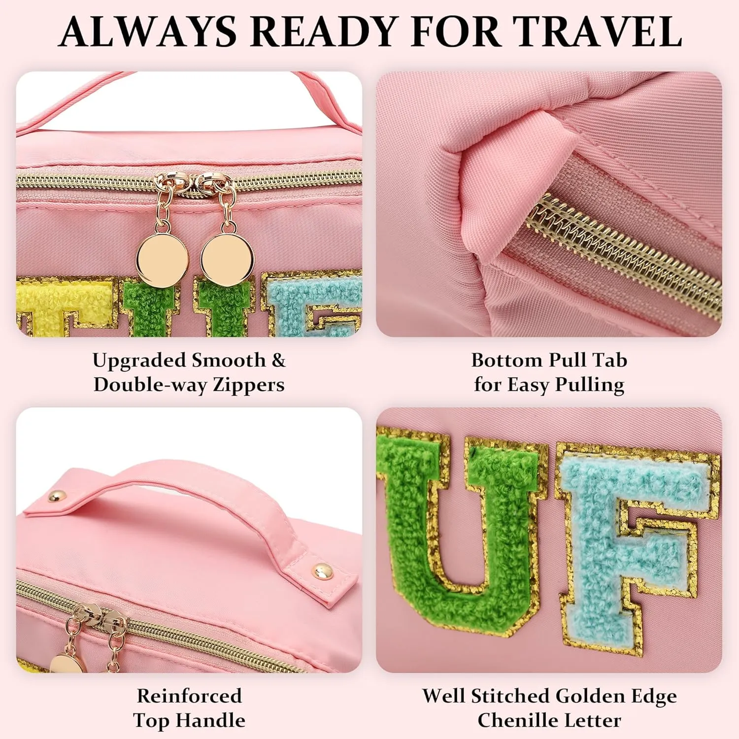 Stoney Clover Dupes Makeup Bag, Large Capacity Travel Cosmetic Bag, Chenille Letter Open Flat Nylon Stuff Makeup Bag, Preppy Patch Better Belt Everything Makeup Bag, Pink