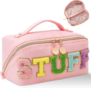 Stoney Clover Dupes Makeup Bag, Large Capacity Travel Cosmetic Bag, Chenille Letter Open Flat Nylon Stuff Makeup Bag, Preppy Patch Better Belt Everything Makeup Bag, Pink