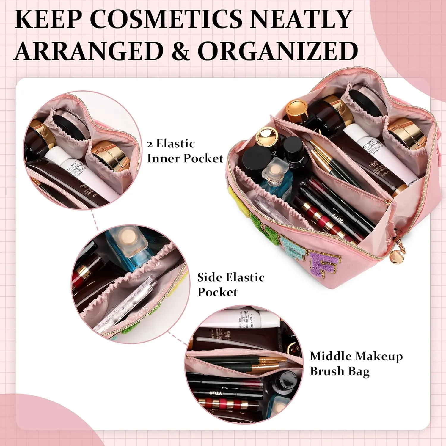 Stoney Clover Dupes Makeup Bag, Large Capacity Travel Cosmetic Bag, Chenille Letter Open Flat Nylon Stuff Makeup Bag, Preppy Patch Better Belt Everything Makeup Bag, Pink