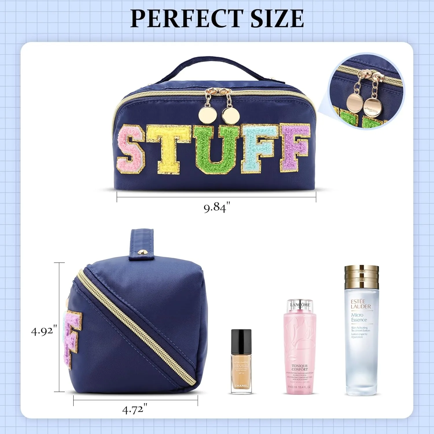Stoney Clover Preppy Makeup Bag, Large Capacity Travel Cosmetic Bag, Chenille Letter Open Flat Nylon Stuff Makeup Bag, Preppy Patch Better Belt Everything Makeup Bag, Blue
