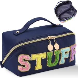 Stoney Clover Preppy Makeup Bag, Large Capacity Travel Cosmetic Bag, Chenille Letter Open Flat Nylon Stuff Makeup Bag, Preppy Patch Better Belt Everything Makeup Bag, Blue
