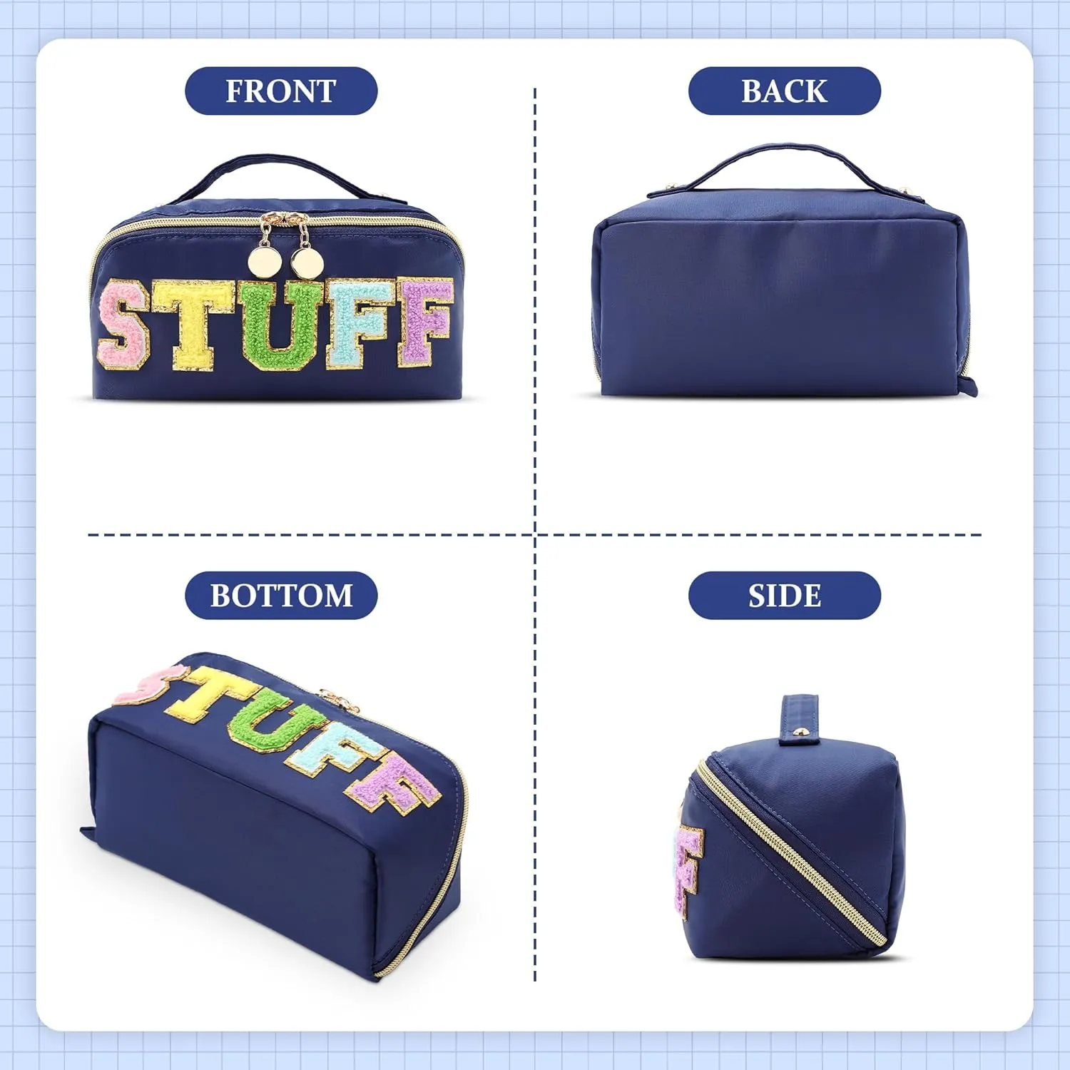 Stoney Clover Preppy Makeup Bag, Large Capacity Travel Cosmetic Bag, Chenille Letter Open Flat Nylon Stuff Makeup Bag, Preppy Patch Better Belt Everything Makeup Bag, Blue