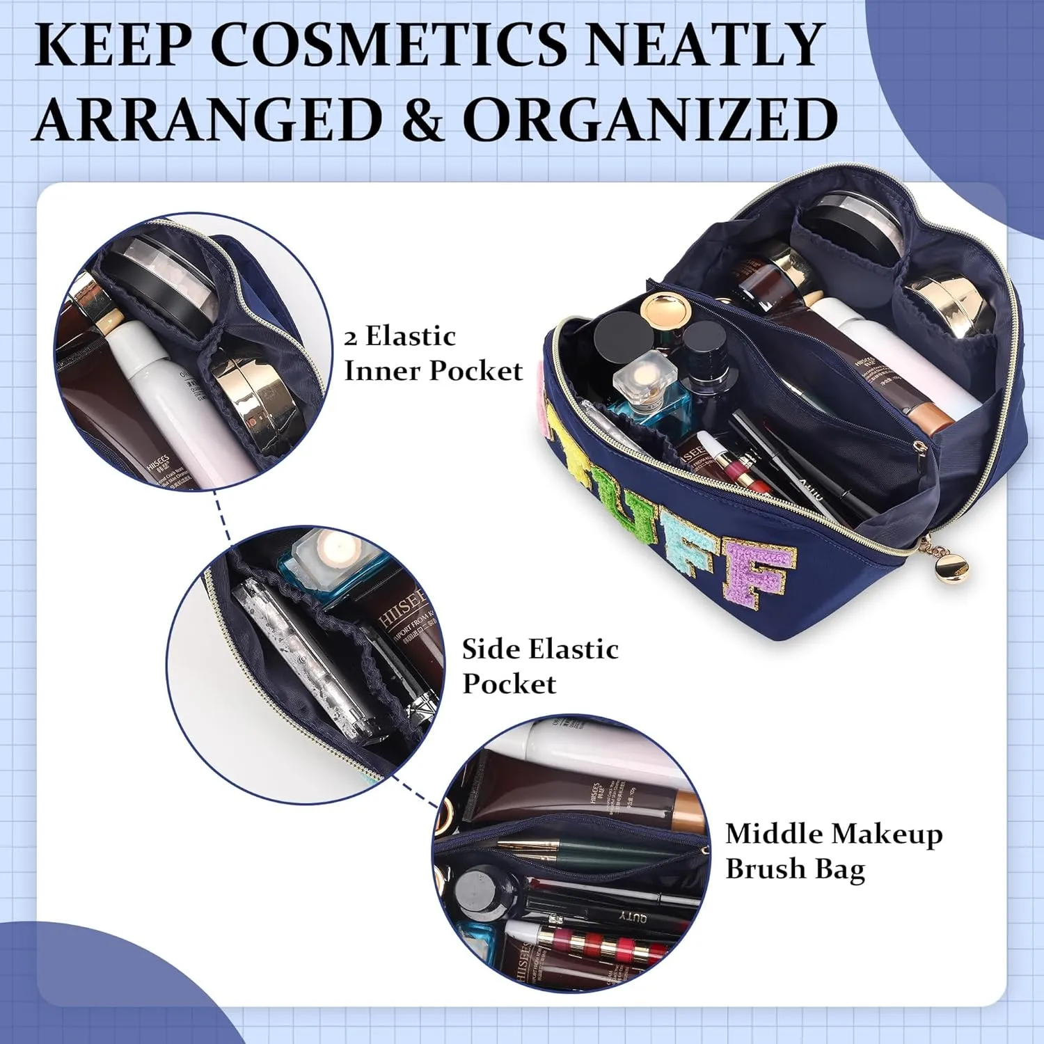 Stoney Clover Preppy Makeup Bag, Large Capacity Travel Cosmetic Bag, Chenille Letter Open Flat Nylon Stuff Makeup Bag, Preppy Patch Better Belt Everything Makeup Bag, Blue