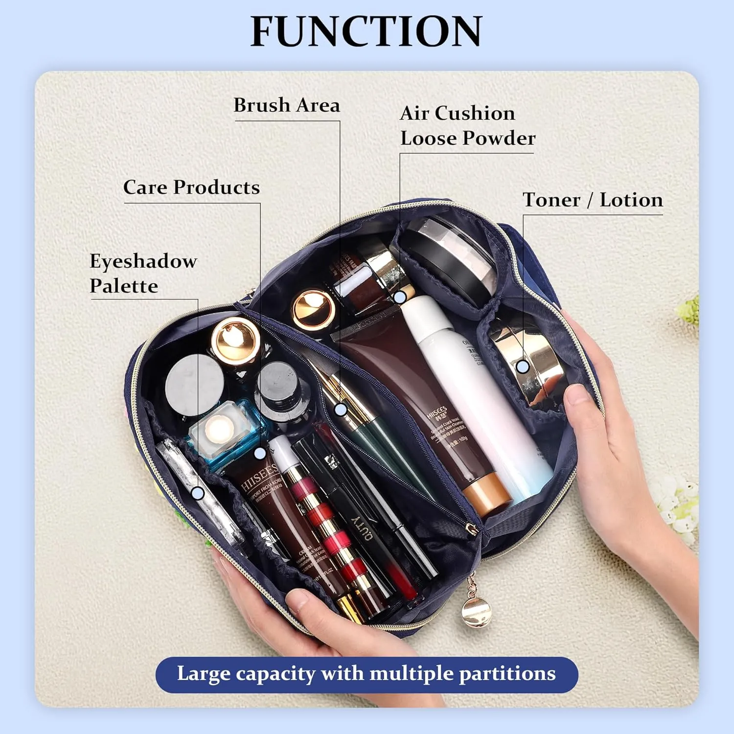 Stoney Clover Preppy Makeup Bag, Large Capacity Travel Cosmetic Bag, Chenille Letter Open Flat Nylon Stuff Makeup Bag, Preppy Patch Better Belt Everything Makeup Bag, Blue