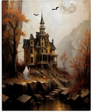 Stupell Industries Haunted Castle with Ghost Canvas Wall Art Design by Jo Moulton, 16 x 20