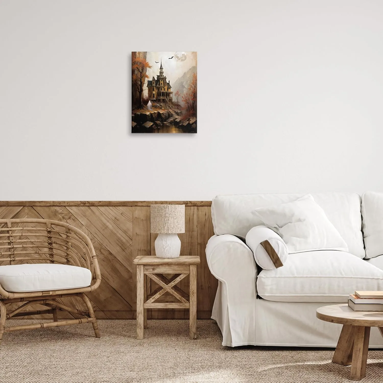 Stupell Industries Haunted Castle with Ghost Canvas Wall Art Design by Jo Moulton, 16 x 20