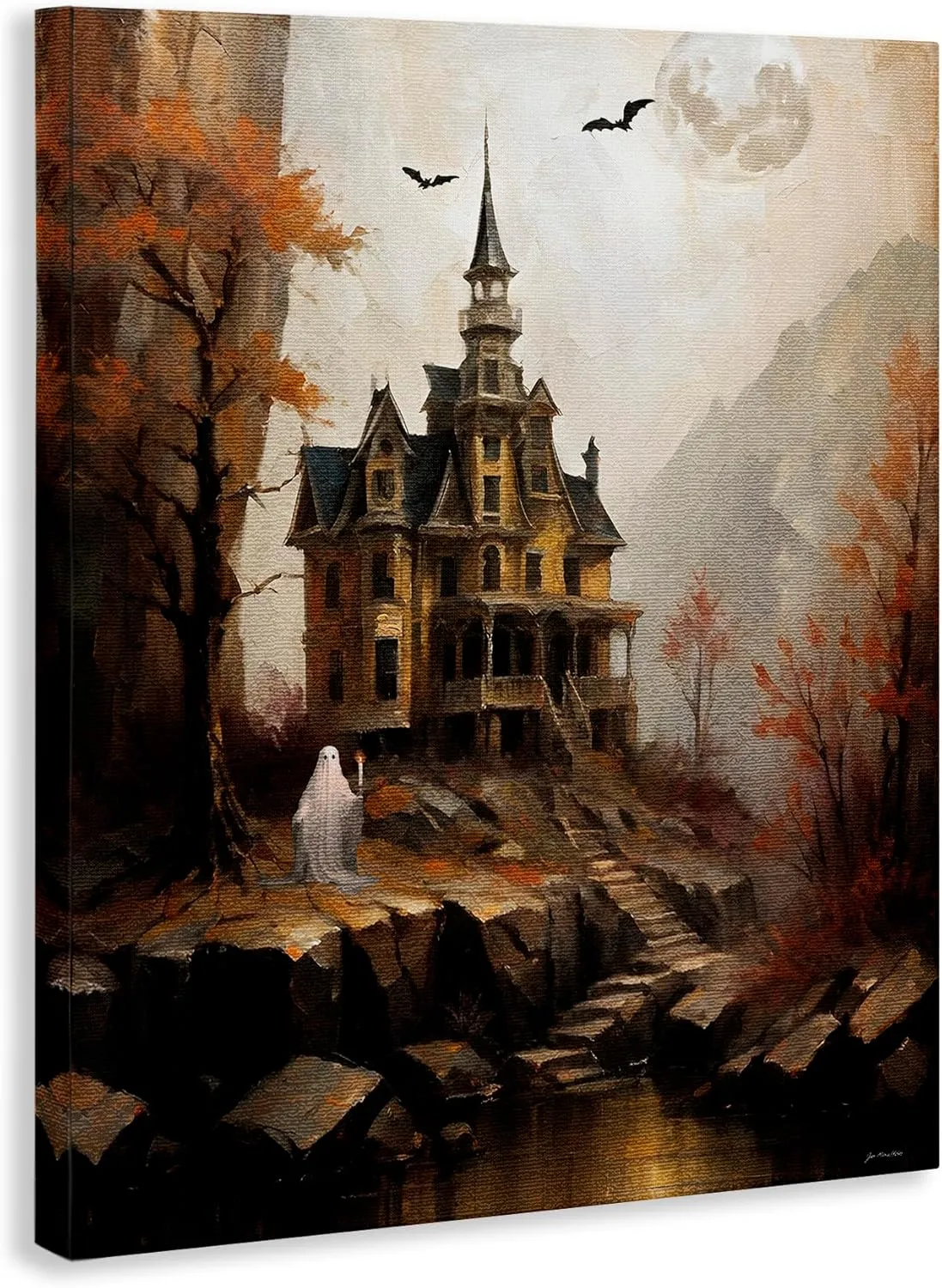 Stupell Industries Haunted Castle with Ghost Canvas Wall Art Design by Jo Moulton, 16 x 20