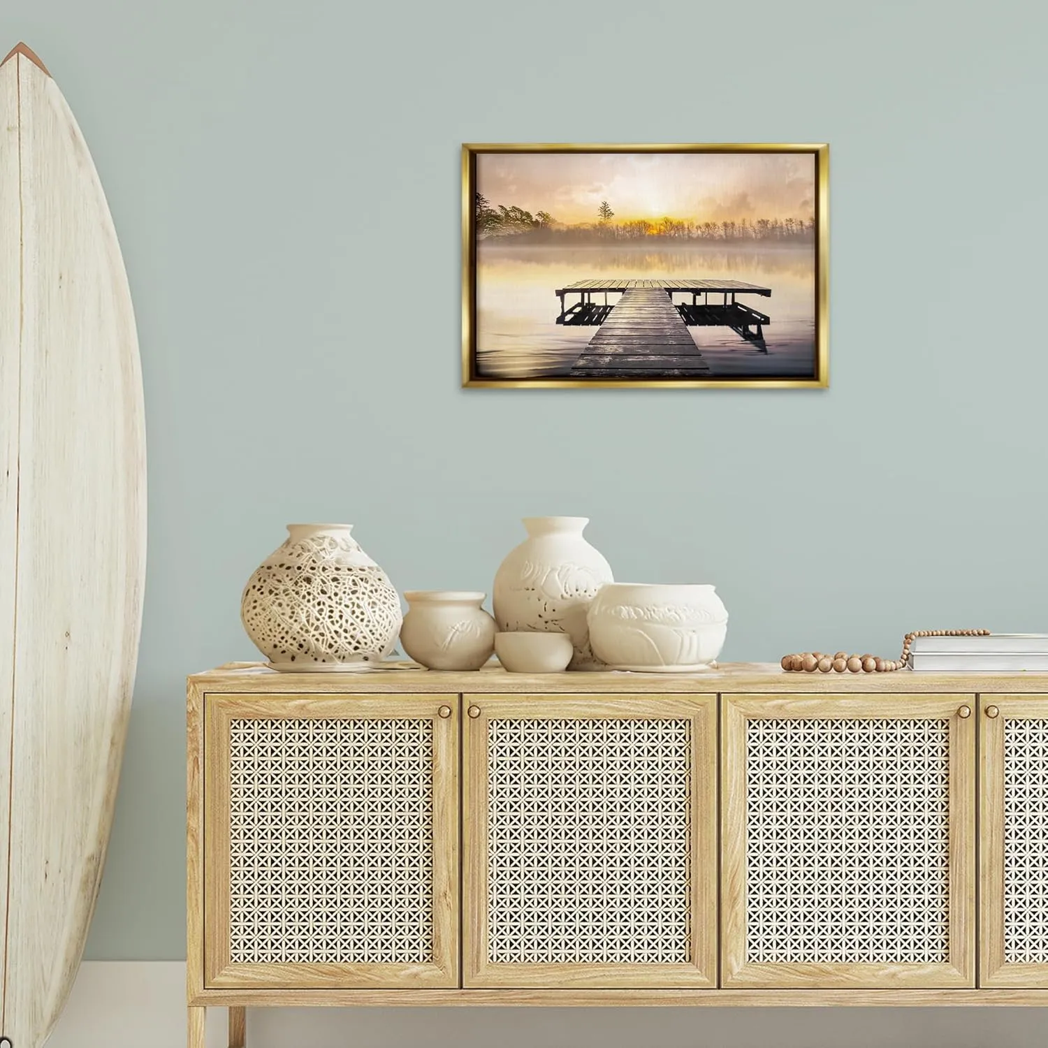 Stupell Industries Summer Sunrise Dock Gold Framed Floater Canvas Wall Art, design by Mike Calascibetta, 25 x 17