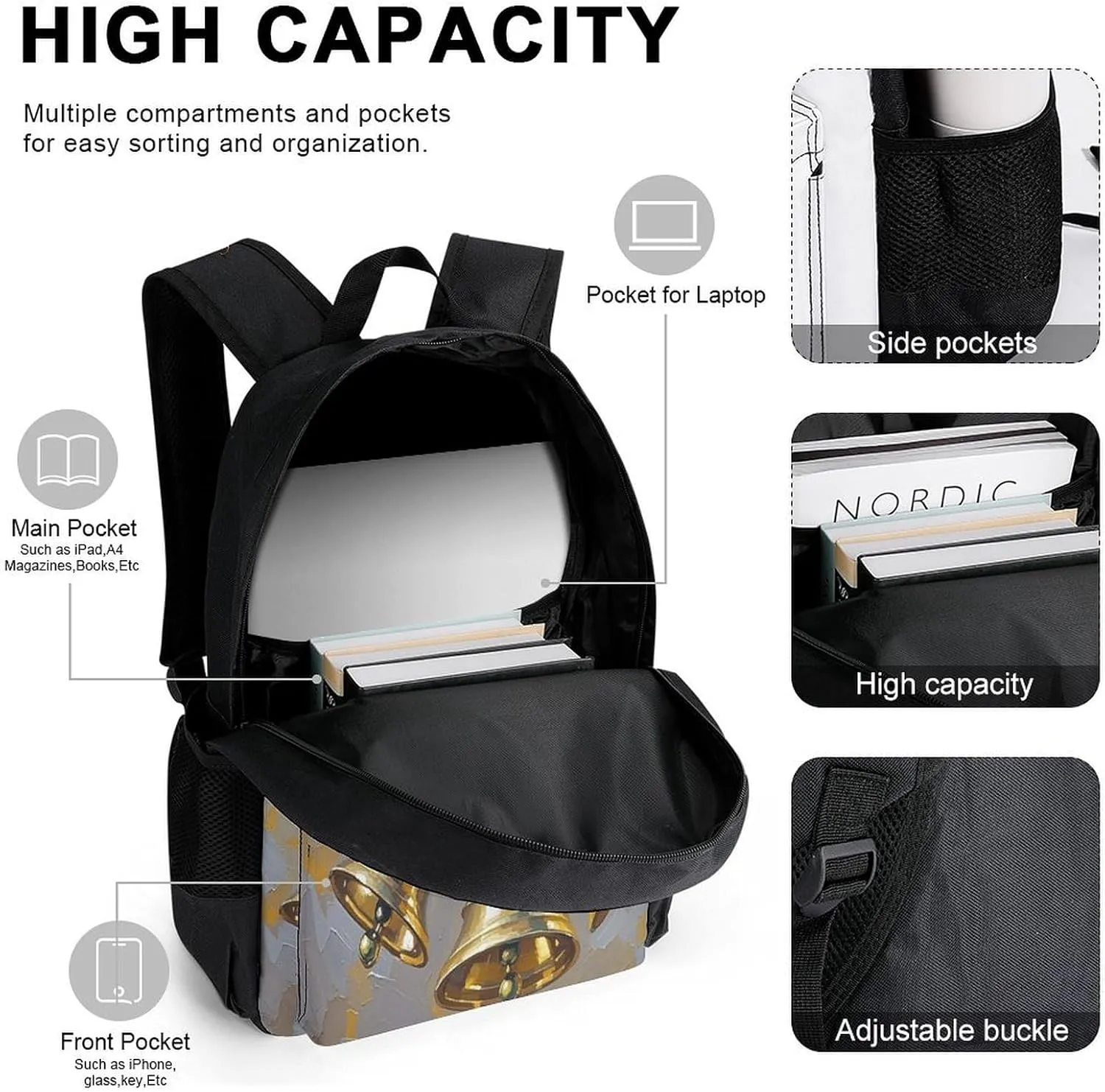 Stylish 3-in-1 Backpack Set, Christmas Bell Art Print Backpack, Lunch Bag & Pencil Case - Durable Polyester,Lightweight,Comfortable Straps