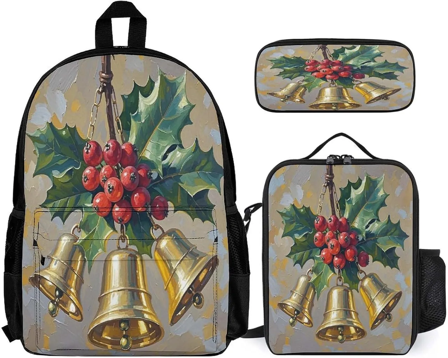Stylish 3-in-1 Backpack Set, Christmas Bell Art Print Backpack, Lunch Bag & Pencil Case - Durable Polyester,Lightweight,Comfortable Straps