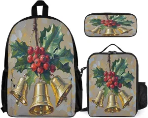 Stylish 3-in-1 Backpack Set, Christmas Bell Art Print Backpack, Lunch Bag & Pencil Case - Durable Polyester,Lightweight,Comfortable Straps