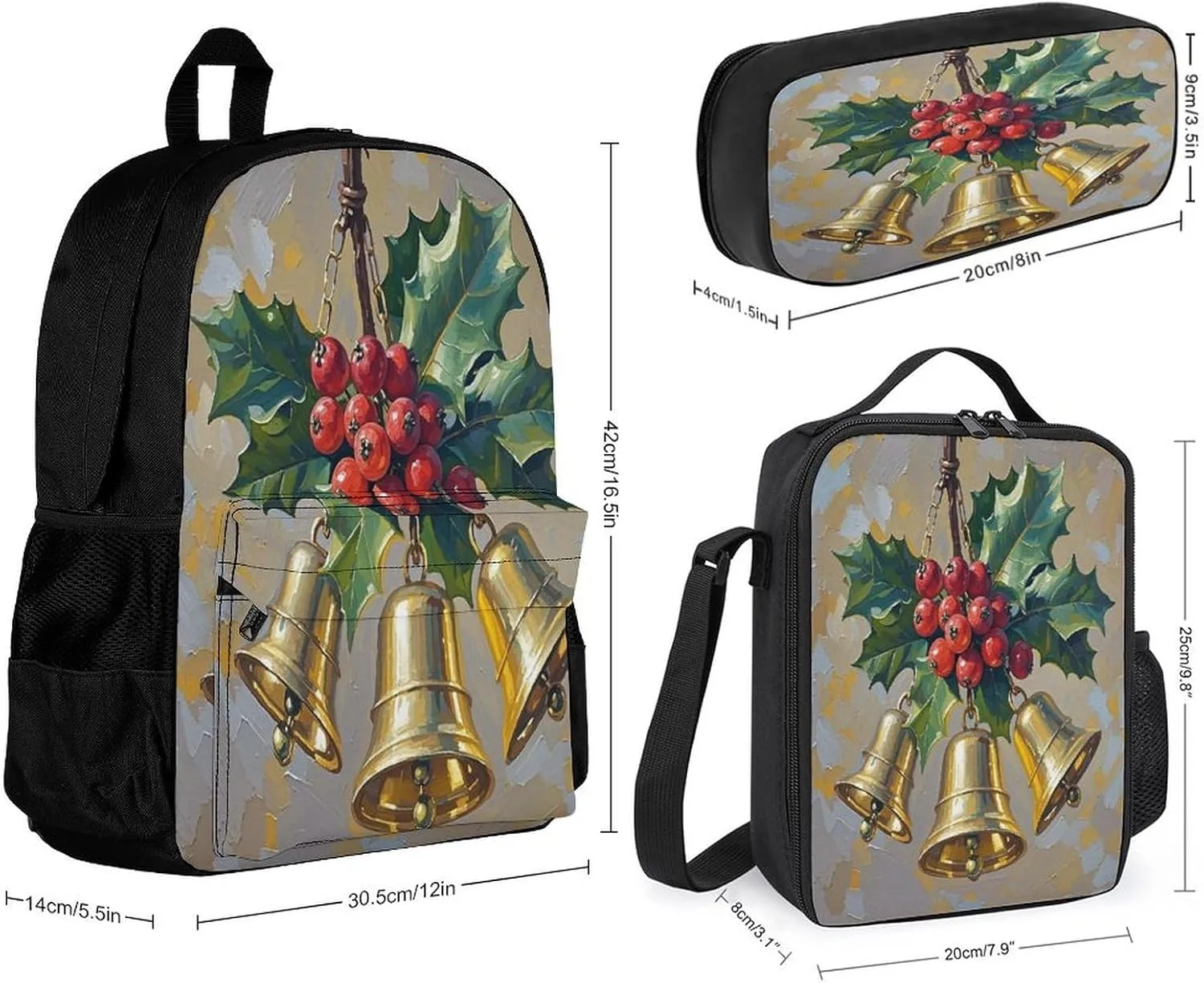 Stylish 3-in-1 Backpack Set, Christmas Bell Art Print Backpack, Lunch Bag & Pencil Case - Durable Polyester,Lightweight,Comfortable Straps