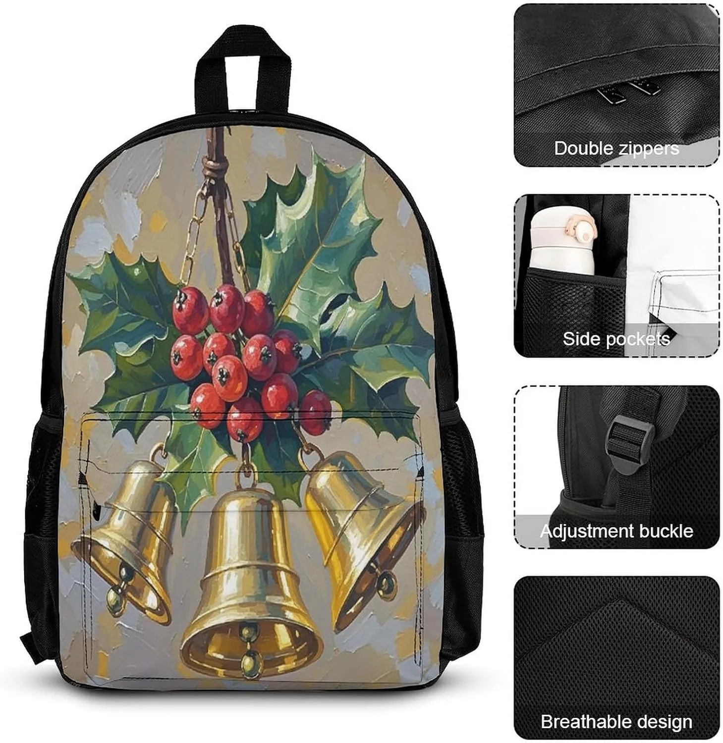 Stylish 3-in-1 Backpack Set, Christmas Bell Art Print Backpack, Lunch Bag & Pencil Case - Durable Polyester,Lightweight,Comfortable Straps