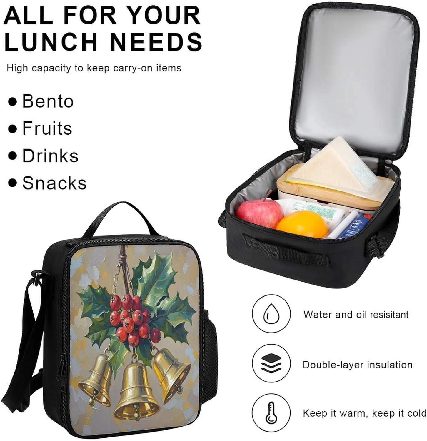 Stylish 3-in-1 Backpack Set, Christmas Bell Art Print Backpack, Lunch Bag & Pencil Case - Durable Polyester,Lightweight,Comfortable Straps