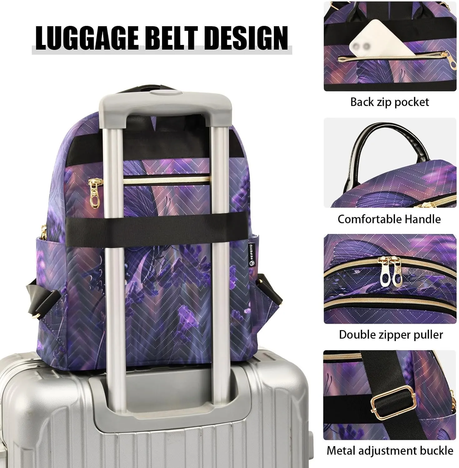 SUABO Butterfly Purple Flower5 Backpack Purse Ladies Rucksack Travel Shoulder Bag Casual Daily Backpack