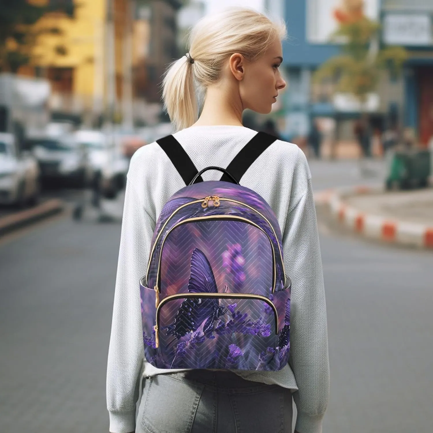 SUABO Butterfly Purple Flower5 Backpack Purse Ladies Rucksack Travel Shoulder Bag Casual Daily Backpack